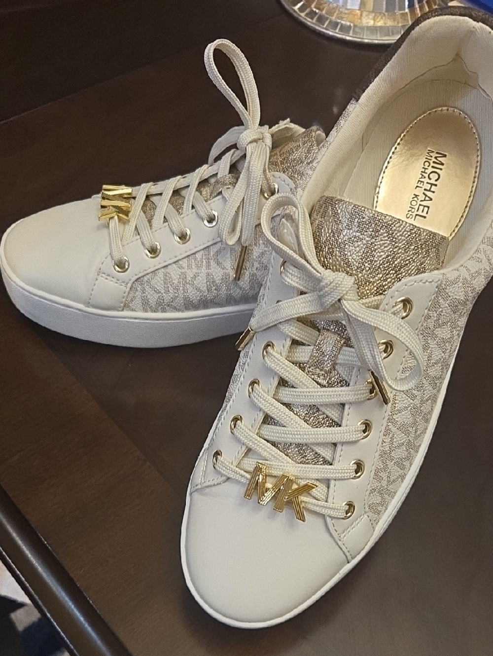 Michael Kors White and Gold Signature Lace-Up Sneakers